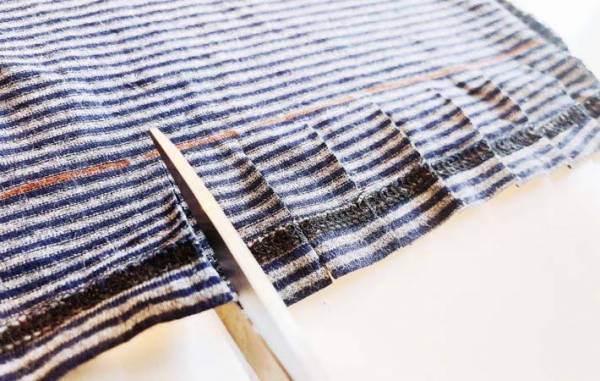 いらない服の裾を切って…　できたものに「縫わずに完成」「思い出そのまま」