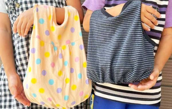 いらない服の裾を切って…　できたものに「縫わずに完成」「思い出そのまま」