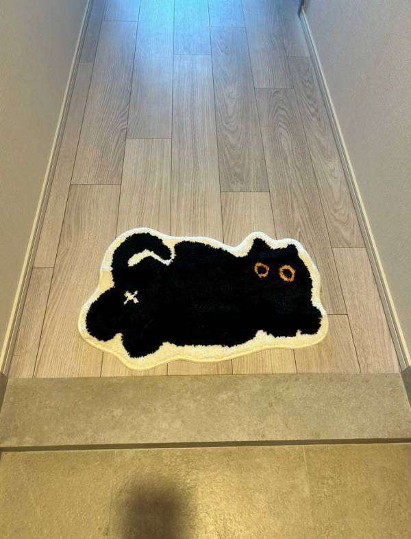 自宅にある猫のイラストのマット　うかつに踏めない理由に「足元注意すぎる」「擬態しすぎやろ」