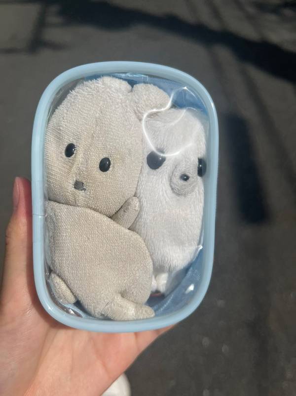 セリアのポーチに入れた２つのぬいぐるみ　『体勢』に「笑い転げた」「満員電車かな」