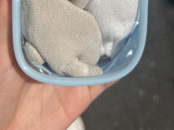 セリアのポーチに入れた２つのぬいぐるみ　『体勢』に「笑い転げた」「満員電車かな」