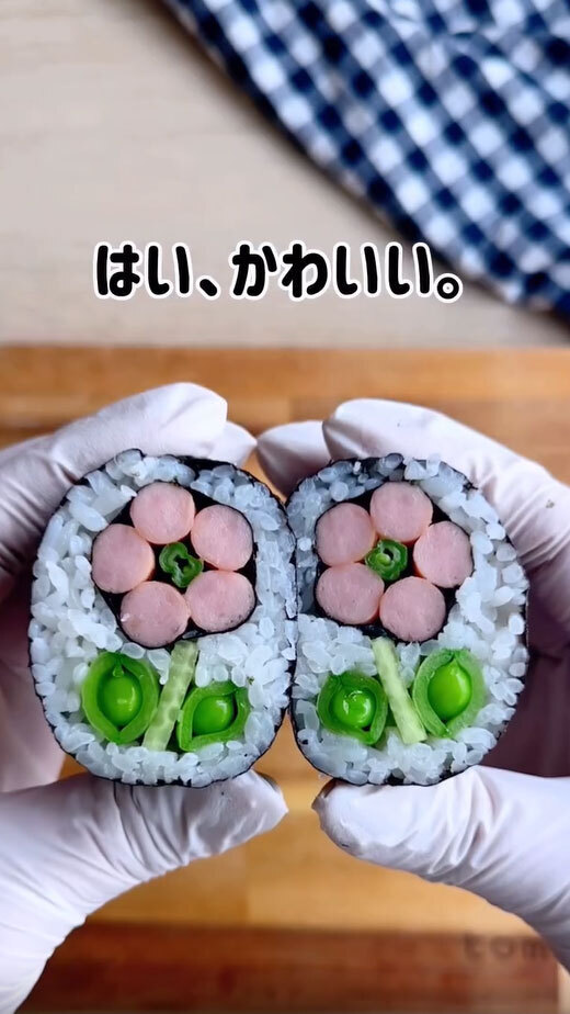 海苔巻きとスナップエンドウを巻いたら…　作ったものに「なにこれすごい」「思わず声出た」