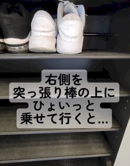 突っ張り棒1本だけで下駄箱が…　収納力が格段に上がる裏技に「こんなに変わるの」「すごい」