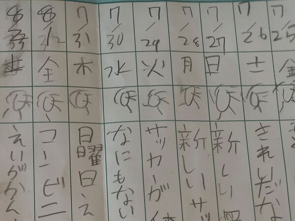 小４男児が書いた５・７・５の一行日記　７月３０日の欄に「想像の斜め上を行く」