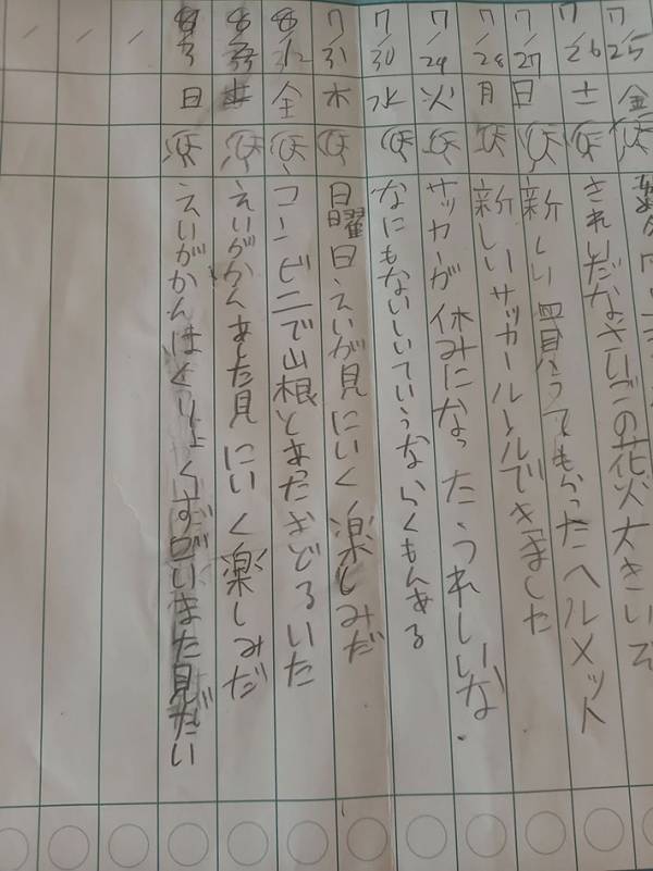 小４男児が書いた５・７・５の一行日記　７月３０日の欄に「想像の斜め上を行く」