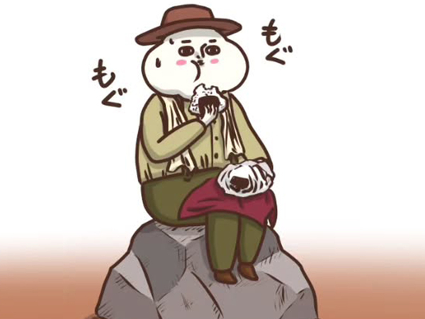 岩に座っておにぎりを食べてたら？　最後のコマに「し、下ぁああぁあ！」「吹いた」