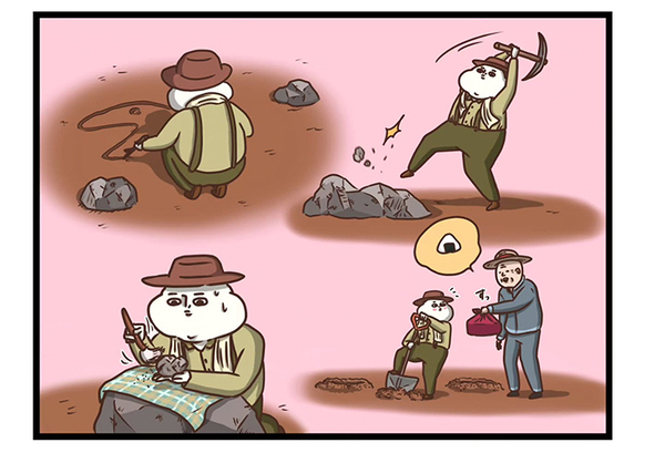 岩に座っておにぎりを食べてたら？　最後のコマに「し、下ぁああぁあ！」「吹いた」