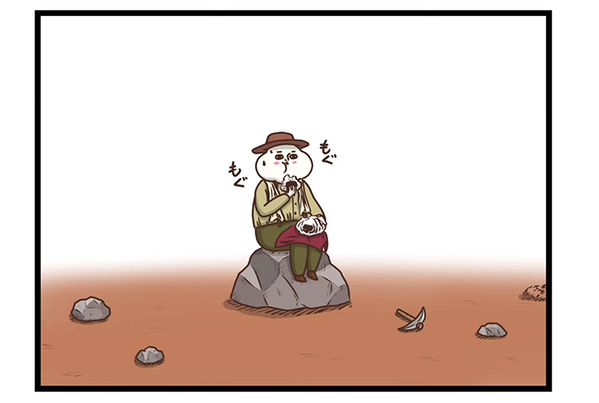 岩に座っておにぎりを食べてたら？　最後のコマに「し、下ぁああぁあ！」「吹いた」