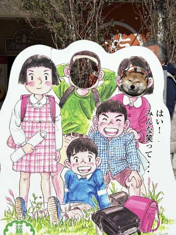 顔はめパネルで記念撮影した柴犬　ギャップのある表情に「ジワジワくる」「分かるよ…」
