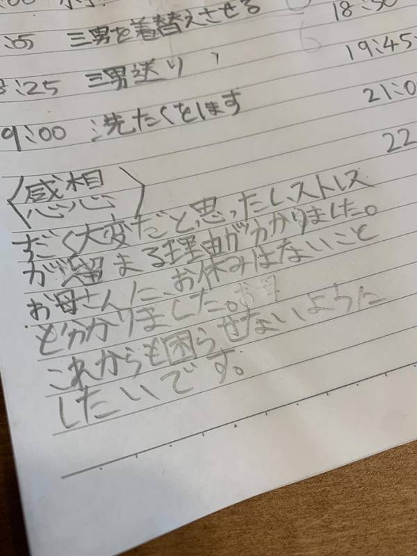 自由研究で『お母さんの一日』を調べた長男　最後に書いた感想を読むと…【泣ける】