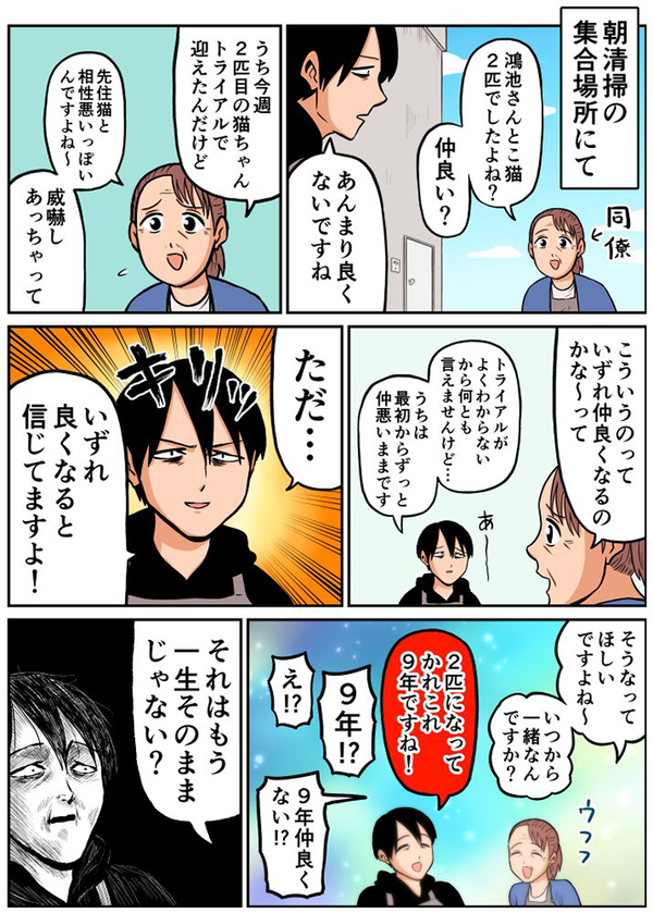 「猫同士は仲良い？」飼い主が仲悪いことを伝えると…展開に「笑った」「至極真っ当な意見」【エッセイ漫画】
