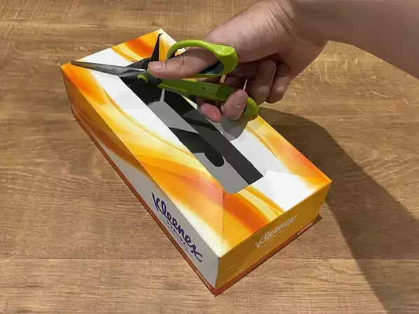 ティッシュの空き箱、4か所切れ込みを入れたら？　袋ティッシュの収納ケースが作れる！【2分で完成】