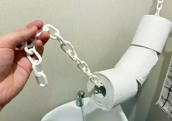 トイレの壁に『ダイソーのチェーン』を吊るすと？　狭いトイレの収納力がアップする簡単テク