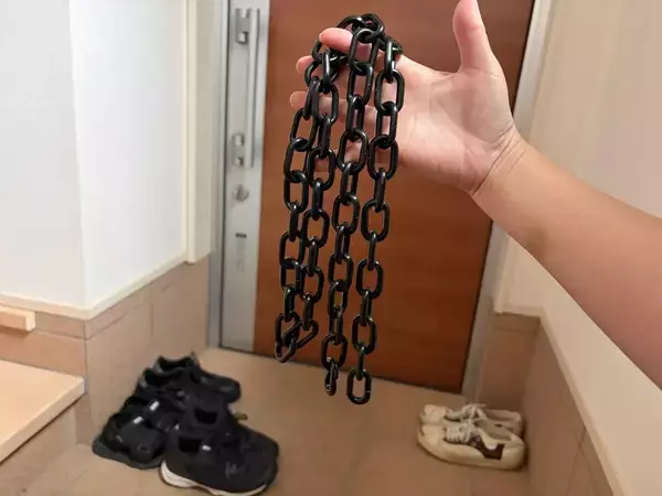 玄関ドアにダイソーの『チェーン』を吊るすと？　小物がスッキリ片づく活用法