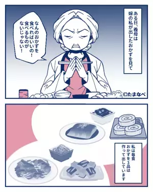 『おかずは1品で十分よ！』嫁の食事にケチつける義母だが⇒後日“真逆の主張”を始めて…！？理不尽すぎる言いがかりにイライラ不可避…！