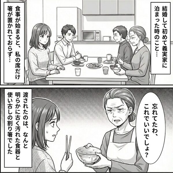 義実家の食事会で…嫁には“使い古しの割り箸”を渡す義母！？しかし⇒嫁が夫にチクった【結果】