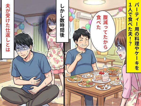 パーティー用の料理やケーキを…1人で食べた夫！？しかし数時間後⇒夫に”ことの重大さ”をわからせた妻の手痛い【仕返し】