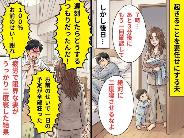 自分で起きられない夫が“妻の二度寝”に激怒！？「100％お前のせい！謝れ」⇒【結果】妻が下した決断に…夫「は？待て！？」