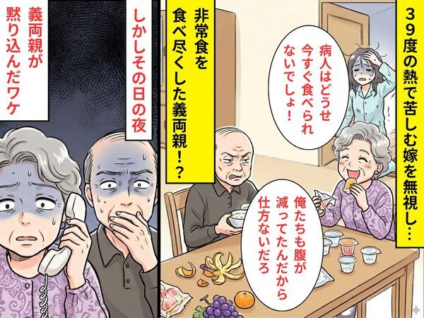 【39℃】の嫁を無視し“非常食”を食い尽くす義両親！？しかしその日の夜⇒【1本の電話】に黙り込んだワケ