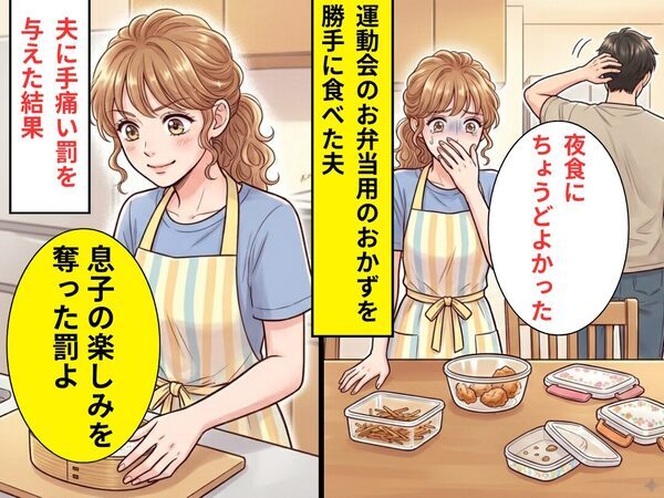 ”運動会のお弁当用”おかずを…「夜食にちょうどいい」勝手に食べていた夫！？しかし翌朝⇒夫に手痛い【罰】を与えた結果