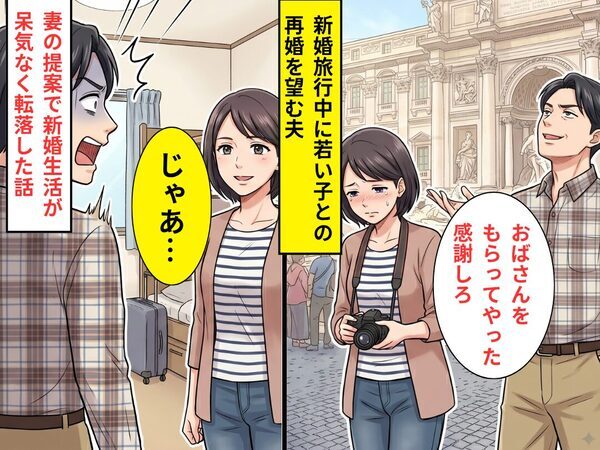 新婚旅行中に…「もらってやったんだから感謝しろ」若い子との再婚を望む夫！？直後⇒「じゃあ…」妻の提案で呆気なく転落した話