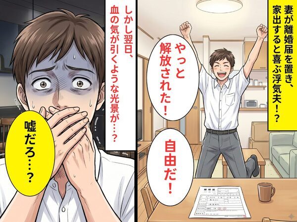 妻が離婚届を置き、家出すると「解放された！」喜ぶ浮気夫。しかし翌日⇒血の気が引く【光景】を目にし「嘘だろ…」