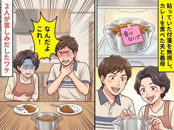 「食べないで」貼っていた付箋を無視し…勝手にカレーを食べた夫と義母！？しかし直後⇒2人が苦しみだしたワケ