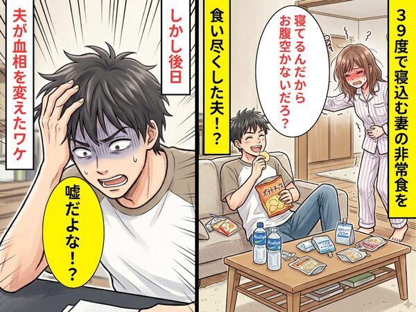 39度で寝込む妻の“非常食”を食い尽くした夫！？しかし後日⇒妻が【用意したモノ】に「嘘だよな！？」夫が血相を変えたワケ