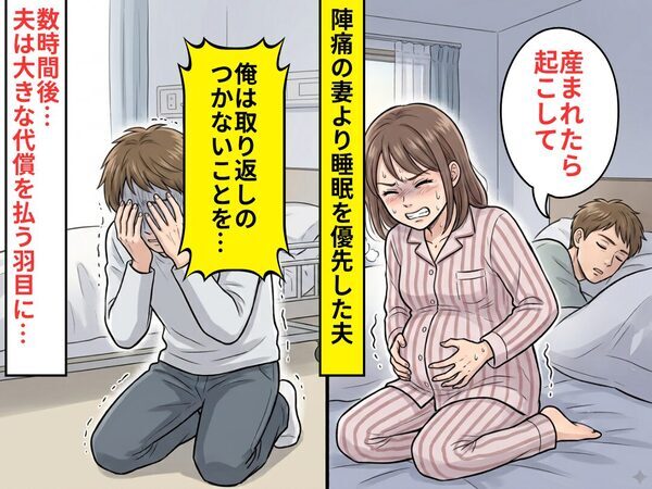 陣痛が始まった妻より”睡眠”が優先の夫！？数時間後⇒夫が膝から崩れ落ち…「俺は取り返しのつかないことを…」
