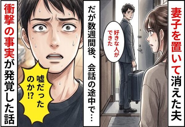 「好きな人ができた」妻子を置いて消えた夫！？だが数週間後⇒会話の途中で…「…嘘だったのか？」衝撃の事実が発覚した話