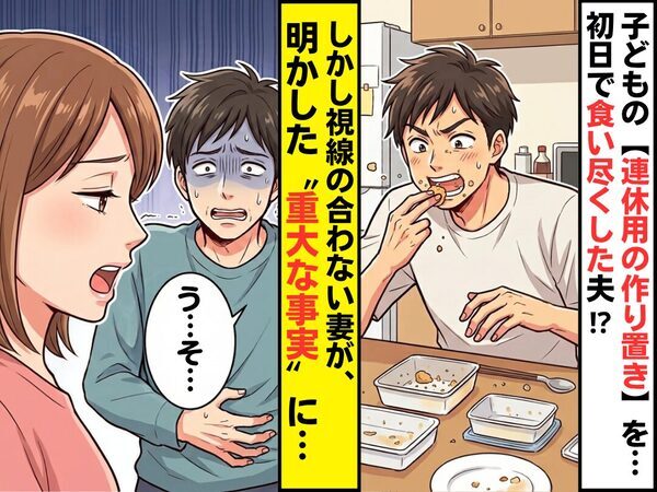 子どもの【連休用の作り置き】を…初日で食い尽くした夫！？しかし⇒“視線の合わない”妻が明かした事実に「う…そ…」