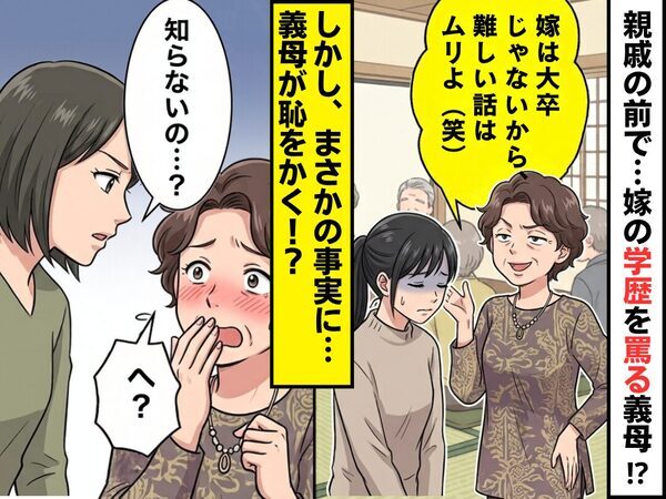 親戚の前で…義母「大卒じゃない嫁に、難しい話はムリ（笑）」しかし⇒義姉「知らないの…？」まさかの事実に、義母「へ？」