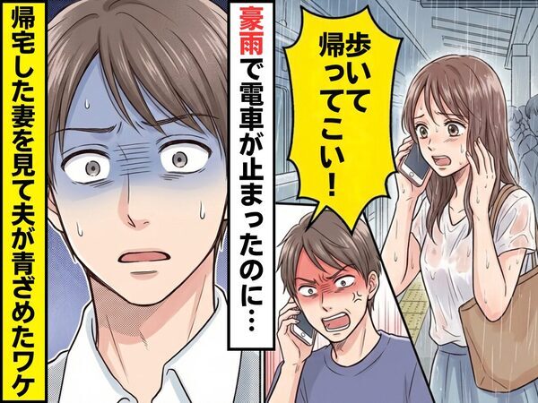 「歩いて帰ってこい！」豪雨で電車が運休なのに…妻を突っぱねた夫。しかし帰宅後⇒帰ってきた妻を見て夫が青ざめたワケ