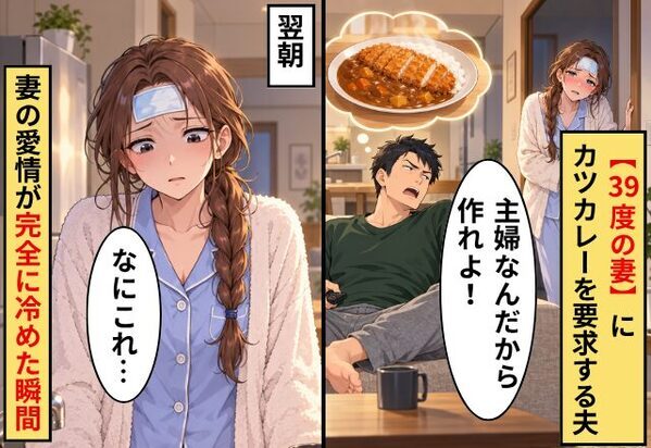 【39℃の妻】に「主婦なんだから作れよ！」とカツカレーを要求する夫！翌朝⇒妻の愛情が完全に”冷めた瞬間”とは…！？