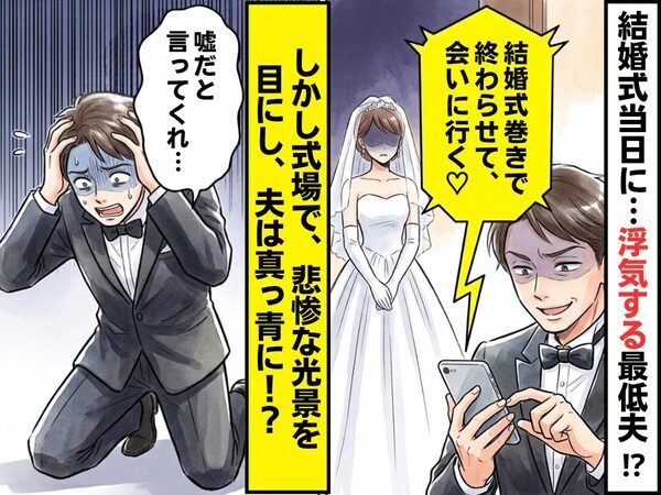「結婚式巻きで終わらせて、会いに行く♡」最低な浮気夫。しかし式場で⇒悲惨な光景を目にし、夫「嘘だと言ってくれ…」