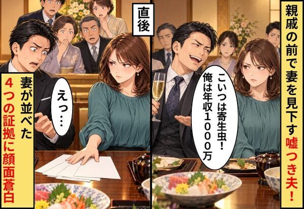 親戚の前で「こいつは寄生虫！俺は年収1000万」妻を見下す嘘つき夫！直後⇒夫「えっ…」妻が並べた【4つの証拠】に顔面蒼白