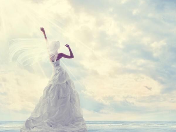 Honeymoon Trip, Bride Wedding Dress, Blue Sky, Romantic Travel Concept