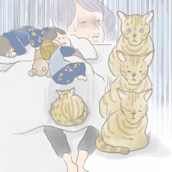 男児2人＆猫2匹の4兄弟！広々寝れるようにベッド3台並べたのにどーしてこうなる！？ | HugMug