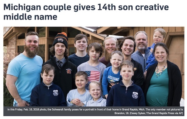 ミシガン州の大家族に14人目の息子誕生——1/16384の確率