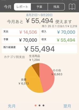 ハニ子さんは週ごとに公開。家計簿アプリでグラフが自動作成される。