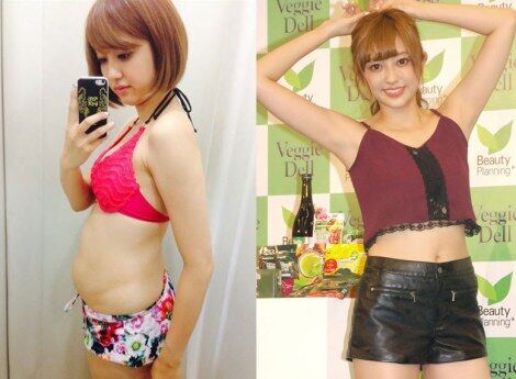 57キロ→49.8キロのダイエットに成功した菊地亜美（左のビフォー写真は本人ブログより）