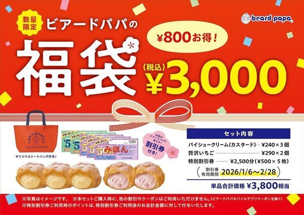 【ビアードパパ】数量限定の“超お得福袋”！ 3000円で3800円相当・割引券2500円＋シュー5個入り