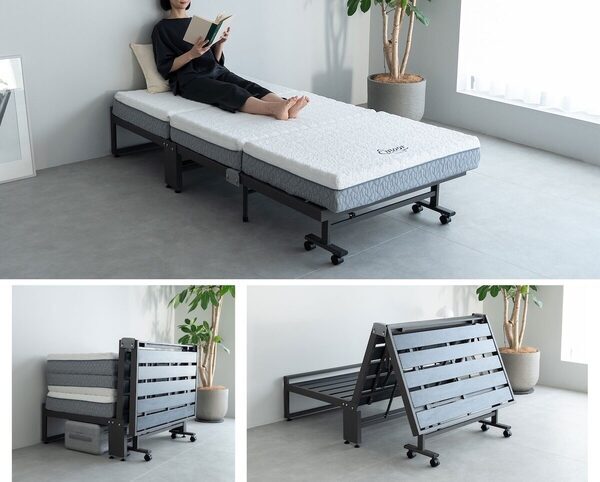 狭い部屋に奇跡の余白が生まれる！三つ折りマットレスの収納性を120％活かす専用ベッドが誕生。