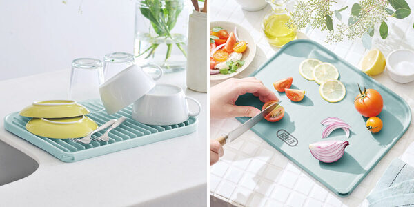 キッチンの“置き場革命”！まな板と水切りを1枚に集約。裏返すだけで場所が空く二刀流ボード。食洗機対応＆抗菌仕様で手入れもラク！
