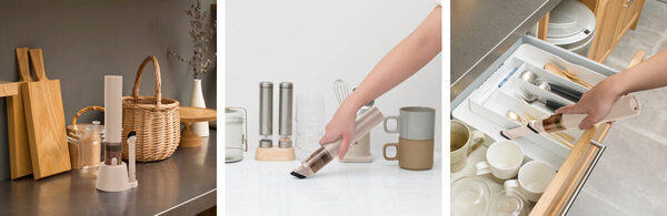 子どものお菓子くず、離乳食こぼし…育児中の「気になったときにすぐ使いたい」をかなえるコードレスクリーナー。インテリアになじむ新色