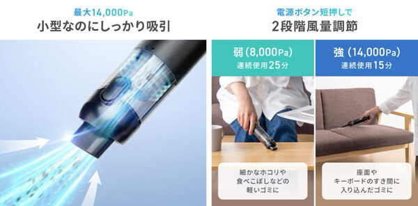 掃除機を出すまででもない隅のホコリ...つい放置しがち。約245gで最大14,000Pa！気づいた瞬間サッと使えるハンディクリー