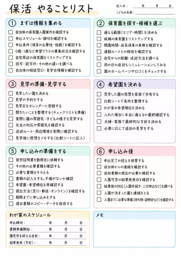 保活やることリスト｜いつから何をする？4月入園までの流れ【無料シート配布】