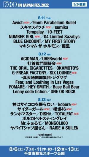 『ROCK IN JAPAN FESTIVAL 2022』第2弾出演アーティスト発表　マカえん、UVERworld、My Hair is Bad、櫻坂46ら17組出演決定