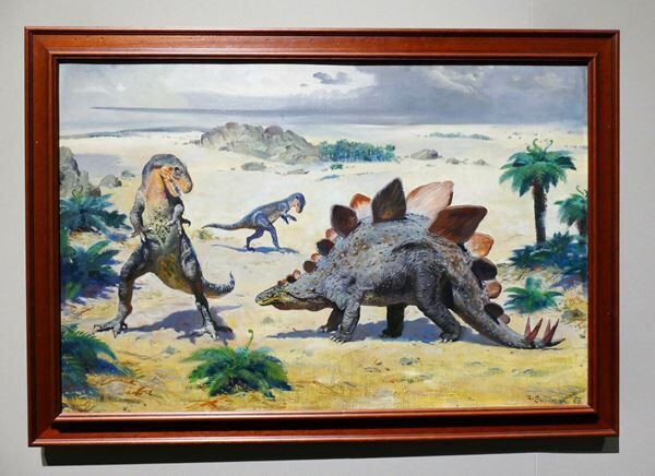 ズデニェク・ブリアン《アントロデムスとステゴサウルス・ステノプス》1970年 油彩・板 ドヴール・クラーロヴェー動物園