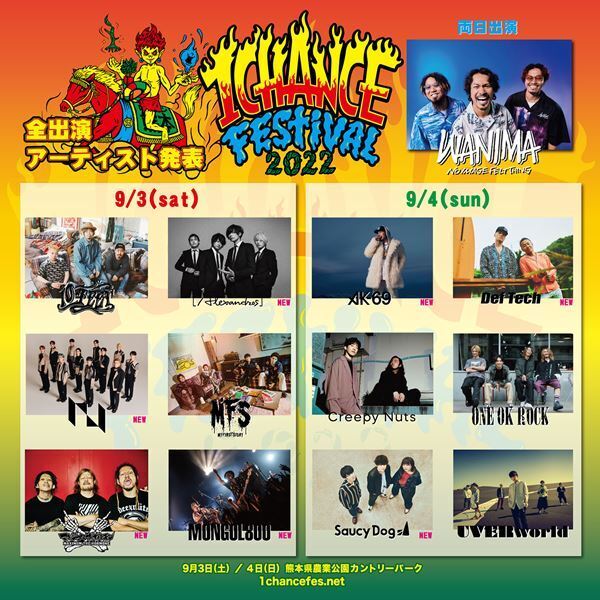 WANIMA主催『1CHANCE FESTIVAL 2022』新たにアレキ、Saucy Dog、INIら追加で全出演アーティストが出揃う